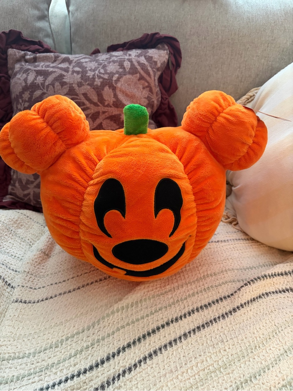 New Disney Orange Plush Pumpkin Mickey Accent Pillow with Green Stem